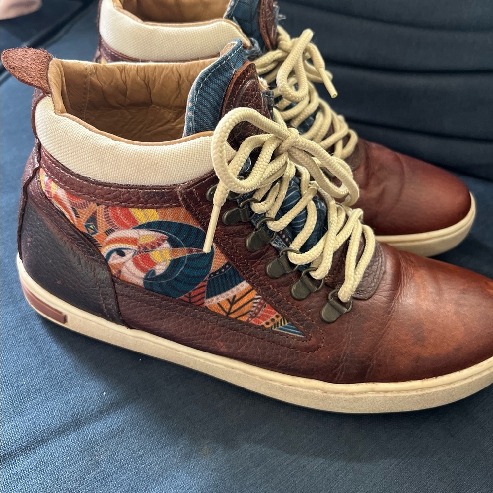 inkkas Brown Leather High-Top Ankle Boots with Multicolor Textile Accent